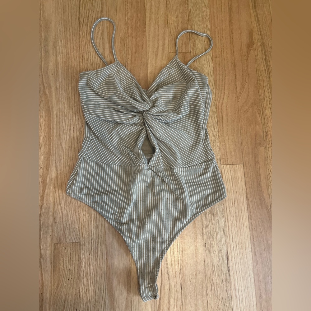 Tan Striped Bodysuit with Tie Back